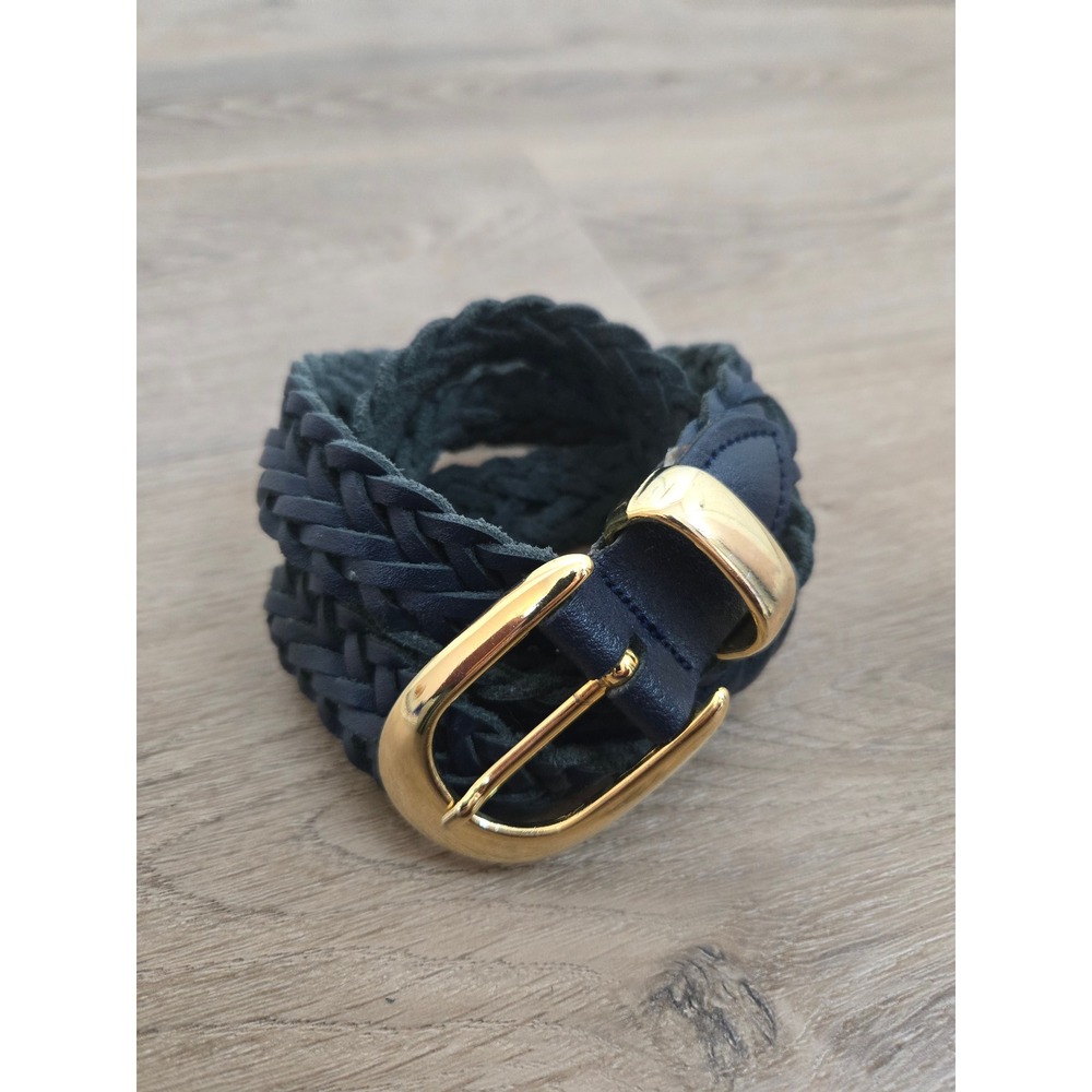 Navy Blue Braided Leather Belt Gold Tone Buckle Woven Classic Women Accessory